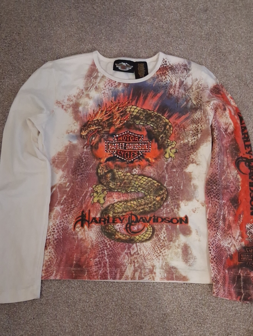 Vintage Harley-Davidson Coiling Dragon On Snakeskin Print. Bling Studs. (M)
